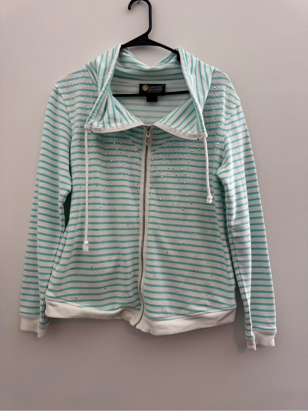 Christine Alexander Y2K Teal Striped Rhinestone studded Zip Up Bling Jacket